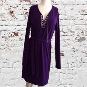 Michael Kors Purple Mini Midi Long Sleeve Chain Lace Up Dress w/Sash Sz Sm